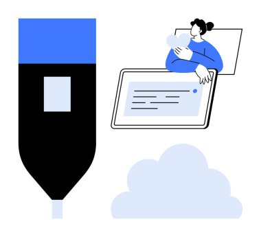 Dijital yaratıcılık kavramı. Dijital araçlar stil ve tableti destekleyerek modern yaratıcı süreçleri geliştirir. Dijital trendler aerodinamik tasarım ve illüstrasyon çalışmaları. Teknoloji ve eğitim için mükemmel.