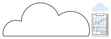 Bulut hesaplama, veri depolama, analitik, iş büyümesi, web hizmetleri, performans izleme. Grafikler ve çizelgeler içeren bir bulut ve pano. Bulut hesaplama ve veri depolama kavramı