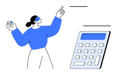 Finans, muhasebe, bütçe, veri analizi, eğitim, işyeri eğitimi. Hesap makinesiyle etkileşime geçen stilize bir insan. Planlama ve eğitim için finans ve muhasebe kavramı