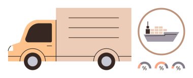 Lojistik, ulaşım, nakliye, veri görselleştirme, tedarik zinciri, teslimat hizmetleri. Dairesel çizelgesi olan bir kamyon ve kargo gemisi. Görsel olarak gösterilen lojistik ve nakliye kavramları