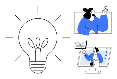 Çevrimiçi eğitim kavramı. Sanal öğrenme ve sunumların görselleri ile eşleştirilmiş bir ampul fikri ve yeniliği. Çevrimiçi eğitim uzaktan öğrenmeyi ve bilgi paylaşımını destekler. Mükemmel.