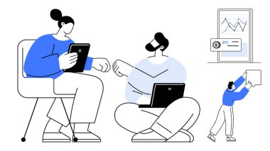 Takım işbirliği. Profesyoneller dijital cihazlar kullanarak verileri analiz edip bilgi paylaşıyorlar. Çalışmalar, uzaktan çalışma, iş ve iletişim stratejileri için takım işbirliği