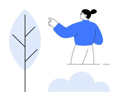 Sürdürülebilirlik, eko-dostluk, çevresel farkındalık, doğa bağlantısı, minimalizm, modern tasarım. Temiz bir arkaplanda bir ağacın ve bulutun ortasını gösteren bir kadın. Sürdürülebilirlik