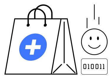 Dijital alışveriş konsepti. Alışveriş çantalı online perakende iyonu tıbbi haç sembolü, ikili kod ve mutlu bir yüz. Dijital alışveriş, sağlık hizmetleri e-ticaret ve teknoloji. Çevrimiçi için geçerlidir