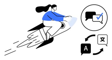 Roketi kullanan bir kadın hız ve ilerlemeyi simgeliyor. Dil değişimi, iletişim sembolleri ve oklar tercüme, çok dilli akıcılık, küresel öğrenme anlamına gelir. Dil öğrenmek için ideal