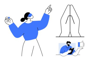 Teamwork, mindfulness, digital interaction, virtual communication, positivity, creativity. A person pointing, prayer hands and a man using a tablet with a thumbs-up sign. Teamwork and mindfulness