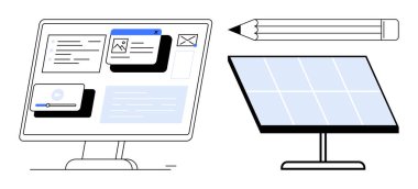 Sürdürülebilir enerji, teknoloji entegrasyonu, iş akışı yaratıcılığı, yeşil yenilik, çevre dostu tasarım, temiz enerji çözümleri. Panelli bilgisayar ekranı, güneş paneli kalemi. Sürdürülebilir enerji