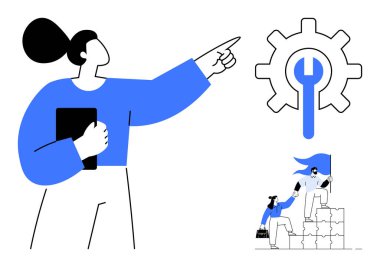 İş çözümleri, takım çalışması, liderlik, yenilik, strateji ve gelişme. İngiliz anahtarıyla vitese tablet tutan bir kadın. İş çözümleri ve takım çalışması kavramları