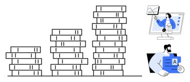 Veri analiz konsepti. Veriler, ileri analizler için görsel araçların yanı sıra büyüme eğilimlerini de tasvir etmektedir. Veri analizi iş büyümesini, stratejik planlamayı ve takım çalışmasının yeniliğini destekler. Kullanım