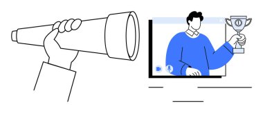 Görme ve keşif için teleskopu tutan bir el, ekranda kazanan kupayı elinde tutan bir kişi ile birlikte. Başarı, liderlik, başarı, tanınma, strateji, hırs, vizyon için ideal