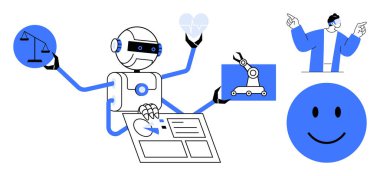 Artificial intelligence concept. AI making decisions related to automation, innovation, and collaboration. AI advancing robotics, human interaction, workflow optimization, and ethics. For tech