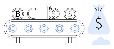 Para çantasına doğru ilerleyen dişli bir taşıyıcıda kripto para ve dolar sikkeleri. Kripto para birimi, fintech, otomasyon, finans, dijital yatırımlar, zenginlik büyümesi, çevrimiçi bankacılık için ideal