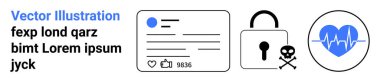 Data privacy, online identity, social media, cybersecurity, healthcare, digital concepts. Profile card, padlock with skull heart with heartbeat line. Data privacy and online identity