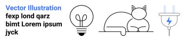 Yenilik, enerji verimliliği, rahatlama, modern tasarım, teknoloji, yaratıcı kavramlar. Ampul, gevşemiş kedi ve fiş. Yenilik ve enerji verimliliği kavramları açıkça gösterilmiştir