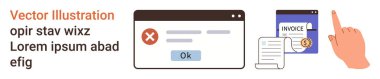 Çevrimiçi ödeme, hata mesajları, finans yönetimi, fatura işlemleri, fatura takibi. İllülasyon, hata açılır penceresi, fatura belgesi ve işaret eli içeriyor. Çevrimiçi ödeme ve hata iletileri