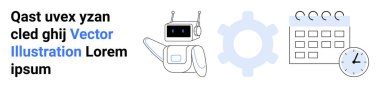 Automation, technology, workflow optimization, scheduling, robotics, productivity. A robot next to a gear and calendar with a clock. Automation and technology concept for optimizing workflows