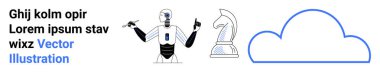Yapay zeka, yenilik, karar verme, veri depolama, robot bilimi, gelecekteki fikirler. Robot mimikler, satranç taşı ve bulut simgesi yapıyor. Yapay zeka ve yenilik odaklı