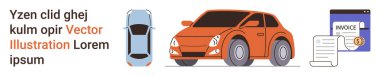 Araba sigortası, araç finansmanı, çevrimiçi ödemeler, otomotiv hizmetleri, fatura işlemleri, dijital finans. Turuncu araba ve fatura belgesi. Araba sigortası ve araç finansmanı kavramı