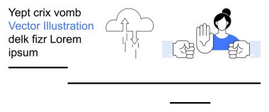 Veri depolama, bulut hesaplama, kişisel sınırlar, teknoloji iletişimi, takım çalışması, çatışma arabuluculuğu. Bulut yukarı veri gönderiyor. Durdurma hareketi yapan kişi. Veri depolama ve sınır ayarlama