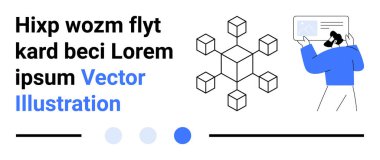 Birbirine bağlı bloklarla modüler küp ağı diyagramı ve tablet üzerindeki verileri analiz eden bir kişi. Teknoloji, yenilik, veri analizi, bağlantı, kullanıcı arayüzü, öğrenme, basit