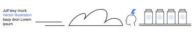 Weather, energy, ideas, manufacturing, storage, sustainability. Abstract line art a cloud, head with a lightning bolt and four containers on a shelf. Weather and energy concept