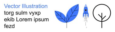 Grafik tasarım, markalaşma, doğa, teknoloji, eğitim, yaratıcılık. Mavi yapraklar, bir roket ve yer tutucu yazılı minimalist bir ağaç. Grafik tasarım ve markalaşma kavramları