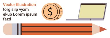 Finansal planlama, serbest çalışma, dijital araçlar, eğitim kaynakları, yaratıcı projeler, çevrimiçi çalışma. Dizüstü bilgisayar, kalem ve bozuk para sembolü. Mali planlama ve serbest çalışma kavramları