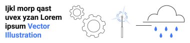 Renewable energy, sustainability, weather, mechanical engineering, clean technology, innovation. Minimalistic wind turbine, cloud with rain and gear icons. Renewable energy and sustainability
