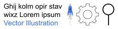 Education, innovation, technology development, research methods, mechanical concepts, exploration. Features text, a blue rocket gear and magnifying glass symbols. Innovation and technology