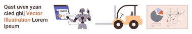 Otomasyon, robot bilimi, lojistik, veri analizi, iş yönetimi, dijital dönüşüm. Bir robot, forklift fatura formu ve çizelgesi. Otomasyon ve lojistik dönüşüm kavramı