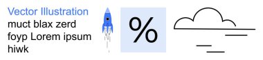 Startup strategies, data analytics, cloud computing, innovation, progress, modern design. Blue rocket, percent sign cloud icon in minimal style. Startup strategies and data analytics concept