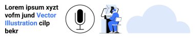 Cloud computing, voice recognition, digital storage, artificial intelligence, data communication, workflow integration. Microphone icon, cloud and person at work. Cloud computing and voice