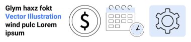 Dolar işareti, takvim, saat ve dişli ikonu eşleştirilmiş zaman, verimlilik ve para kavramları. Finans, planlama, organizasyon üretkenlik iş akışı ekonomisi için ideal basit iniş sayfası