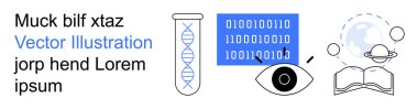 Bilim, teknoloji, küresel çalışmalar, araştırma, veri analizi, eğitim. Görseller arasında bir test tüpündeki DNA, ikili kod uzay elementleri ve bir kitap içeren bir dünya var. Bilim ve teknoloji kavramları