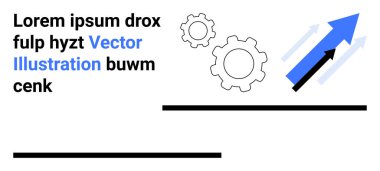 İş stratejisi, analitik, teknoloji, yenilik, kurumsal büyüme, takım çalışması. Mavi yukarı ok ve vites simgeleri. İş stratejisi ve yenilik kavramı
