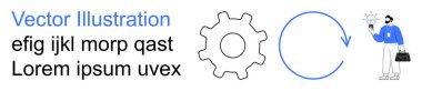 Innovation, problem-solving, workflow, automation, creativity, brainstorming. Gear and circular arrow alongside a figure holding a lightbulb. Innovation and problem-solving concept