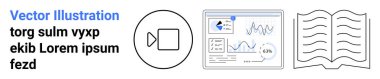 Media production, data visualization, analytics, online documentation, digital workflow, information sharing. Minimal icons including video symbol, analytics dashboard and an open book. Video
