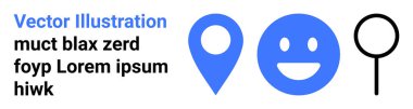 Arama araçları, navigasyon, konum, kullanıcı etkileşimi, çevrimiçi haritalar, geri besleme sistemleri. Mavi lokasyon iğnesi, mutlu yüz siyah büyüteç. Navigasyon ve arama araçları kavramı