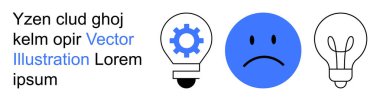 Emotional states, idea generation, problem-solving, innovation, creativity, decision-making. A sad face with light bulbs and a gear icon. Emotional states and idea generation visualization