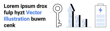 İş büyümesi, enerji verimliliği, teknoloji güvenliği, yenilik, ilerleme, yenilenebilir enerji. Anahtar, çizelge ve yıldırımlı pil ikonu. Güvenlik ve büyüme kavramı