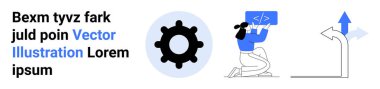 Software development, coding, decision-making, programming, digital solutions, tech innovation. Includes a gear, person coding and directional arrows. Coding and decision-making concepts