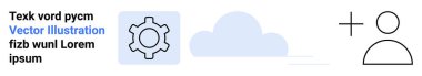 Gear icon, cloud, plus sign, user outline, and placeholder text emphasize technology, teamwork, growth, connectivity innovation strategy and minimalism. Ideal for a simple landing page