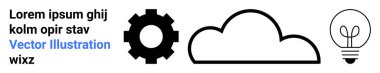 Bulut hesaplama, yenilik, veri depolama, teknoloji, yaratıcılık, sistem yönetimi. Siyah dişli, bulut ve ampul simgeleri monokrom tarzında. Bulut hesaplama ve yenilik kavramı