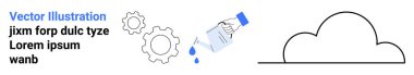 Teknoloji, yenilik, bulut hizmetleri, dijital dönüşüm, süreç, takım çalışması. Dişliler, su damlacıkları ve yazılı bir bulut. Teknoloji ve yenilik kavramı