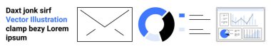 Envelope icon, data chart, pie graph, and analytics dashboard symbols. Ideal for email communication, marketing strategy, analytics, data visualization, business digital tools simple landing page