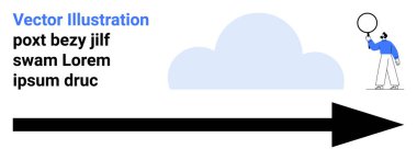 Bulut çiziminin yanında elinde balon tutan bir adam ve ileri bakan kalın bir ok. Yönlendirme, ilerleme, takım çalışması, hedef belirleme, ilham, rehberlik, basit iniş sayfası için ideal