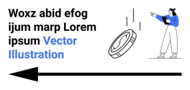 Tableti tutan kadın yukarı doğru hareket çizgileri ve kara okla düşen bir madeni parayı gözlemliyor. Teknoloji, veri analizi, işletme, finans, yatırım, ekonomi ve basit iniş sayfası için ideal