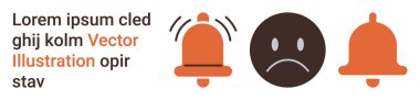 Bildirimler, uyarılar, hüsran, hayal kırıklığı, uyarılar. İki çan ikonu arasındaki üzgün surat. Bildirimler ve uyarılar kavramı. Çizgi benzetmesi. Basit satır simgeleri