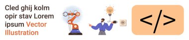 Otomasyon, yenilik, programlama, robotik, kodlama, makine öğrenmesi. Robot kol, ampul kodlama etiketi tutan geliştirici. Robot ve programlama görselleri aracılığıyla otomasyon ve yenilik