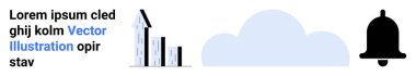 Growth analysis, internet services, notifications, data tracking, cloud computing, monitoring. Bar chart for growth, cloud shape and alert bell icon. Growth analysis and internet services concepts
